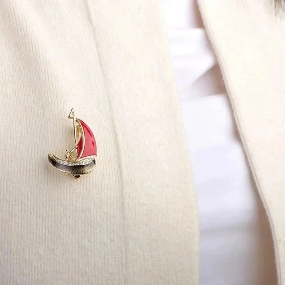 VQ Black Red Enamel Boat & Man Brooch